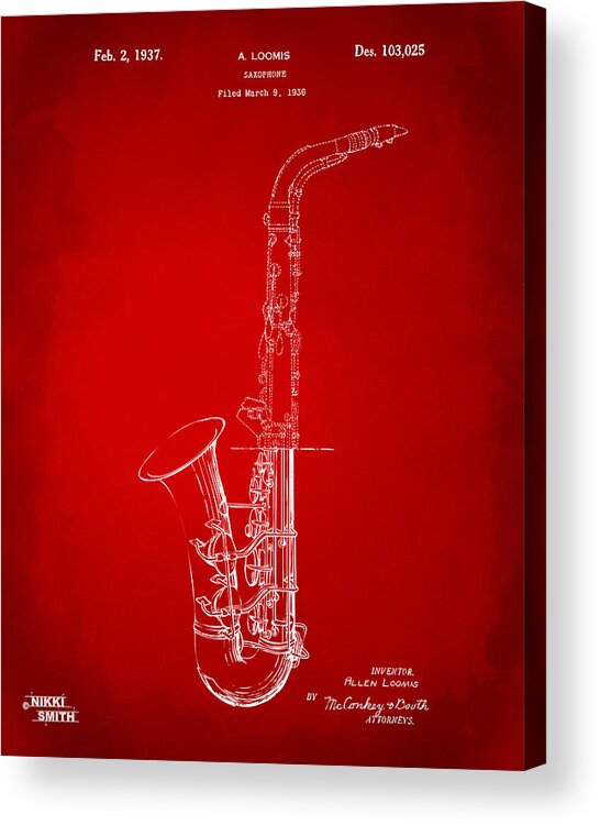 Saxophone Acrylic Print featuring the drawing 1937 Saxophone Patent Artwork - Red by Nikki Marie Smith