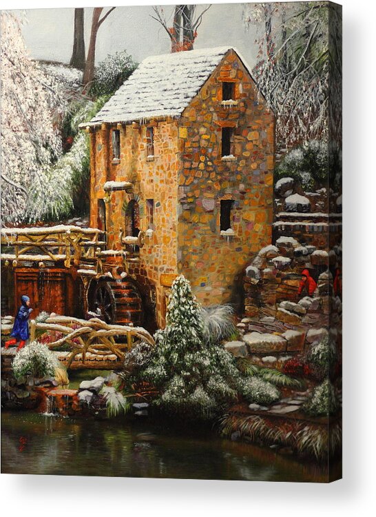 Old Mill Acrylic Print featuring the painting Old Mill in Winter by Glenn Beasley