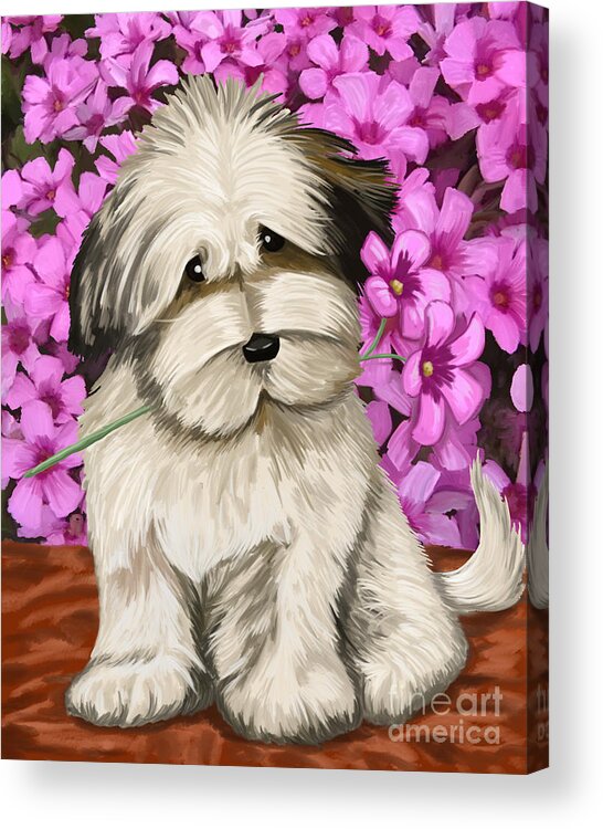 Puppy Acrylic Print featuring the painting Puppy in the Flowers #1 by Tim Gilliland