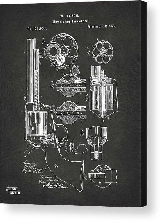 Colt Peacemaker Acrylic Print featuring the digital art 1875 Colt Peacemaker Revolver Patent Artwork - Gray by Nikki Marie Smith