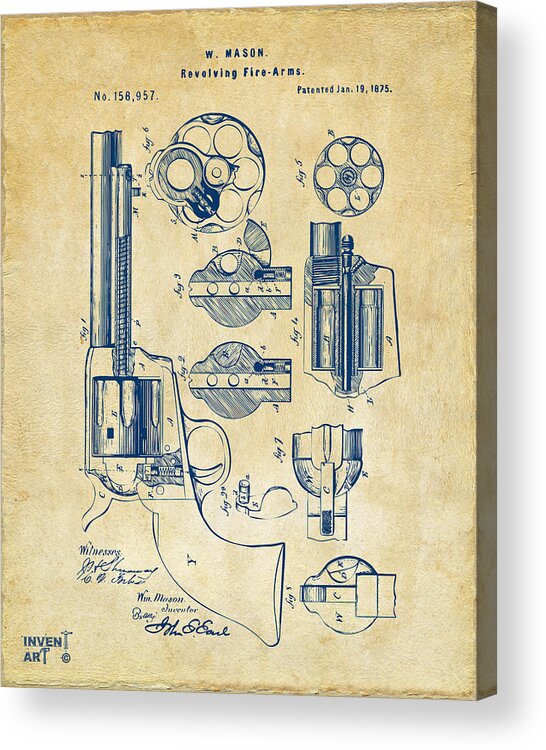 Colt Acrylic Print featuring the digital art 1875 Colt Peacemaker Revolver Patent Vintage by Nikki Marie Smith