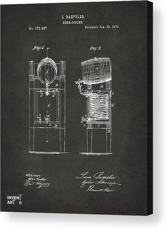 Beer Acrylic Print featuring the digital art 1876 Beer Keg Cooler Patent Artwork - Gray by Nikki Marie Smith
