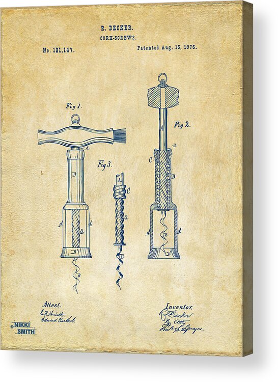 Wine Acrylic Print featuring the digital art 1876 Wine Corkscrews Patent Artwork - Vintage by Nikki Marie Smith