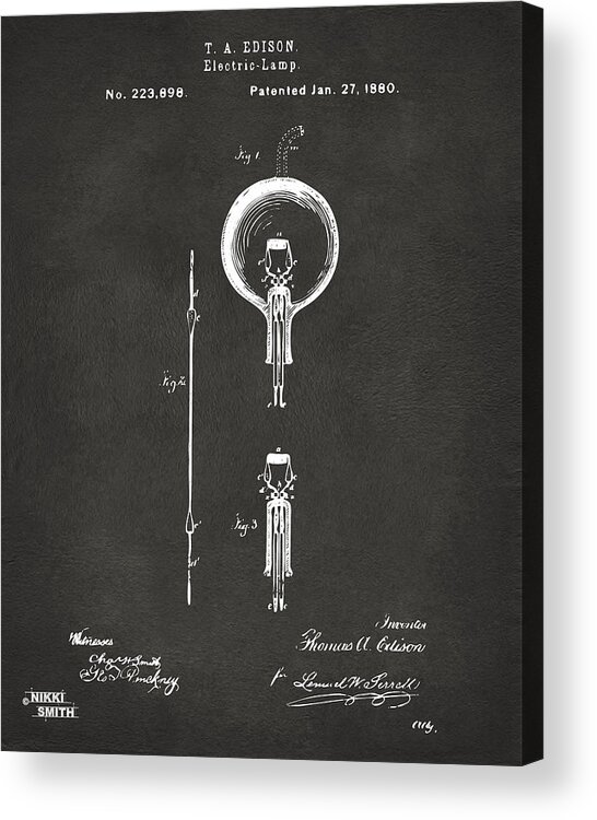Edison Acrylic Print featuring the digital art 1880 Edison Electric Lamp Patent Artwork - Gray by Nikki Marie Smith