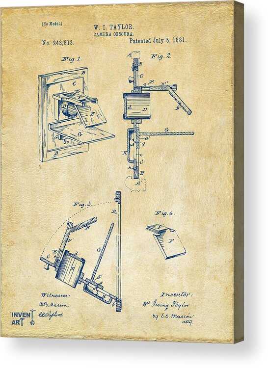 Camera Obscura Acrylic Print featuring the digital art 1881 Taylor Camera Obscura Patent Vintage by Nikki Marie Smith