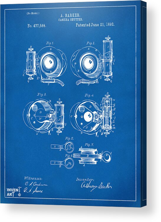 Camera Acrylic Print featuring the digital art 1892 Barker Camera Shutter Patent Blueprint by Nikki Marie Smith