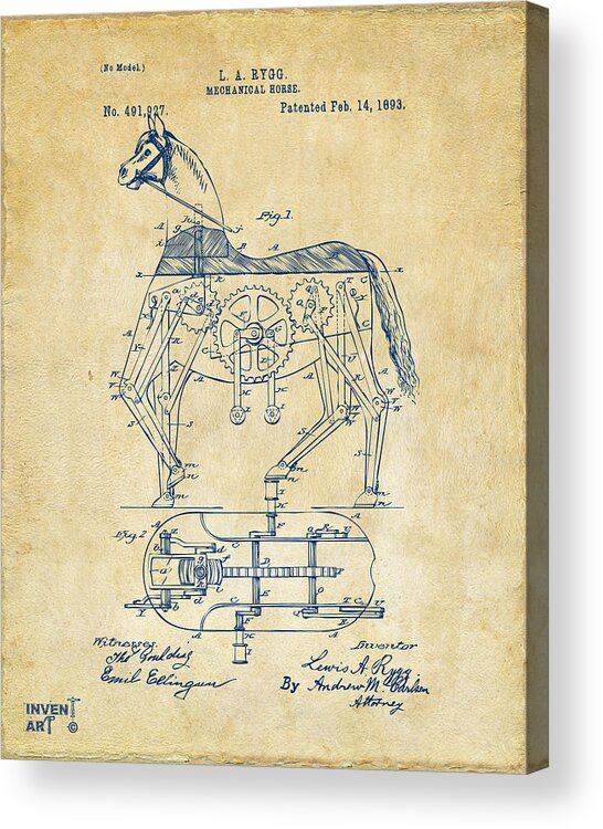 Bicycle Acrylic Print featuring the digital art 1893 Mechanical Horse Toy Patent Artwork Vintage by Nikki Marie Smith