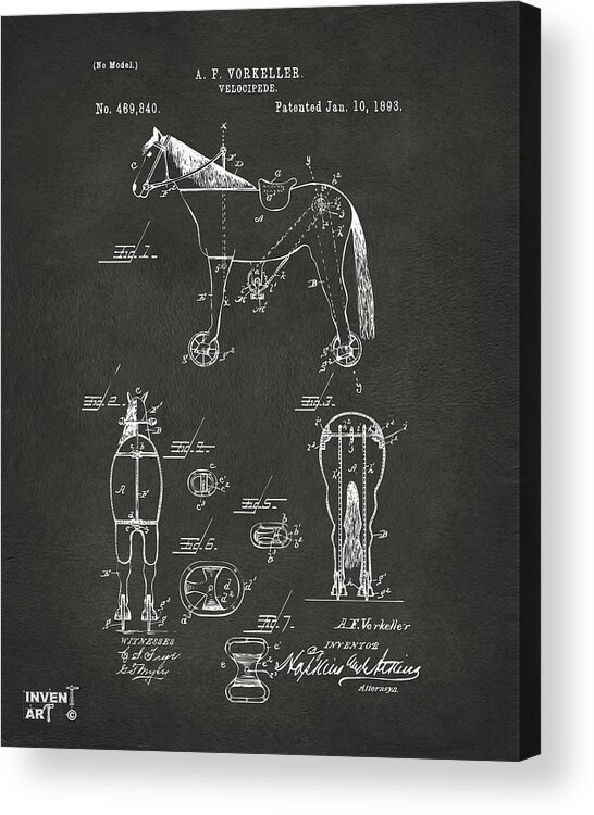 Bicycle Acrylic Print featuring the digital art 1893 Velocipede Horse-Bike Patent Artwork Gray by Nikki Marie Smith