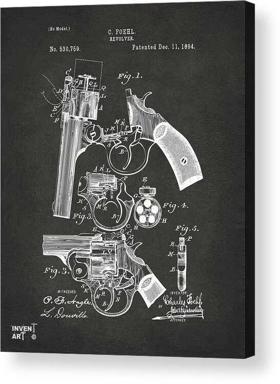 Revolver Acrylic Print featuring the digital art 1894 Foehl Revolver Patent Artwork - Gray by Nikki Marie Smith