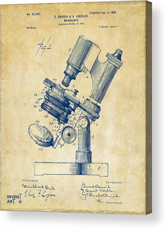 Microscope Acrylic Print featuring the digital art 1899 Microscope Patent Vintage by Nikki Marie Smith