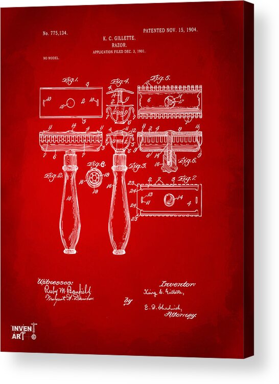 Gillette Acrylic Print featuring the digital art 1904 Gillette Razor Patent Artwork Red by Nikki Marie Smith