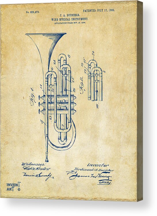 Trumpet Acrylic Print featuring the digital art 1906 Brass Wind Instrument Patent Artwork Vintage by Nikki Marie Smith