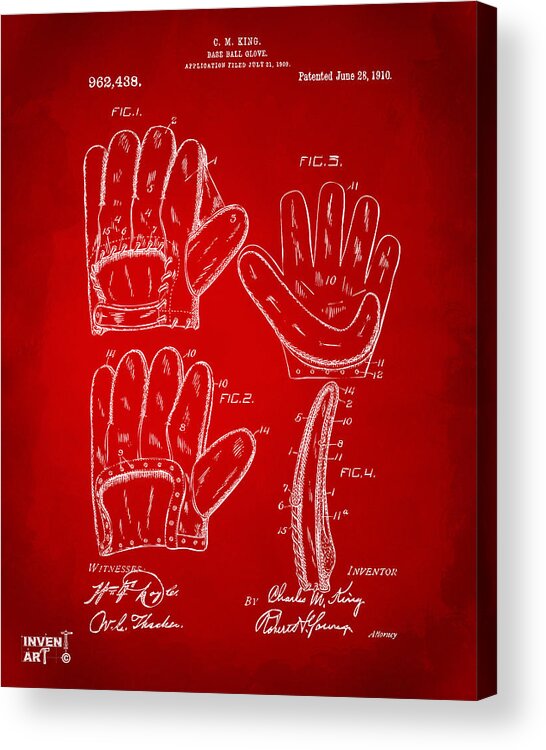 Baseball Acrylic Print featuring the digital art 1910 Baseball Glove Patent Artwork Red by Nikki Marie Smith