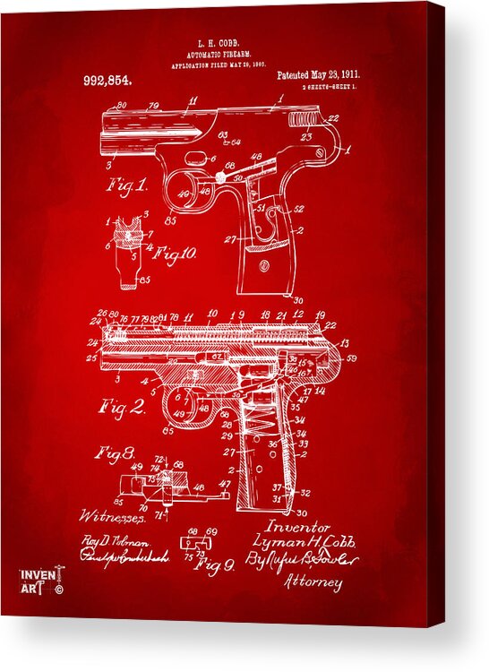 Police Gun Acrylic Print featuring the digital art 1911 Automatic Firearm Patent Artwork - Red by Nikki Marie Smith