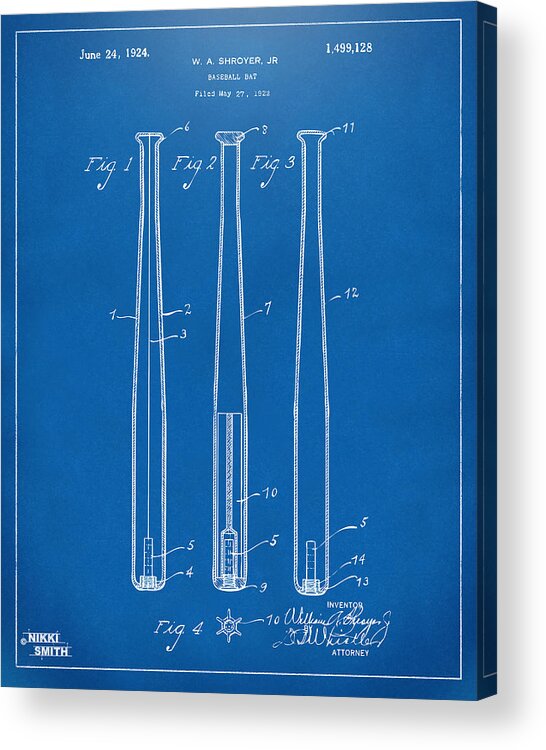 Baseball Bat Acrylic Print featuring the digital art 1924 Baseball Bat Patent Artwork - Blueprint by Nikki Marie Smith