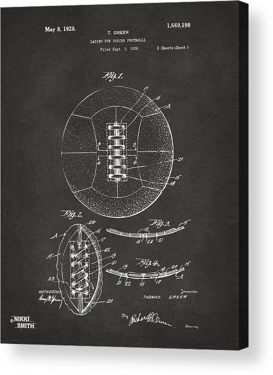 Soccer Acrylic Print featuring the digital art 1928 Soccer Ball Lacing Patent Artwork - Gray by Nikki Marie Smith