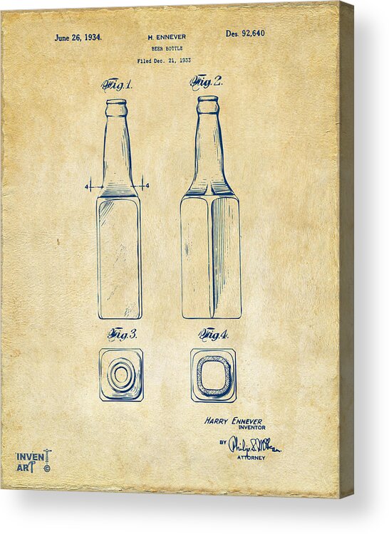 Beer Bottle Acrylic Print featuring the digital art 1934 Beer Bottle Patent Artwork - Vintage by Nikki Marie Smith