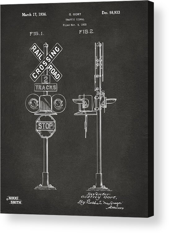 Rail Road Acrylic Print featuring the digital art 1936 Rail Road Crossing Sign Patent Artwork - Gray by Nikki Marie Smith