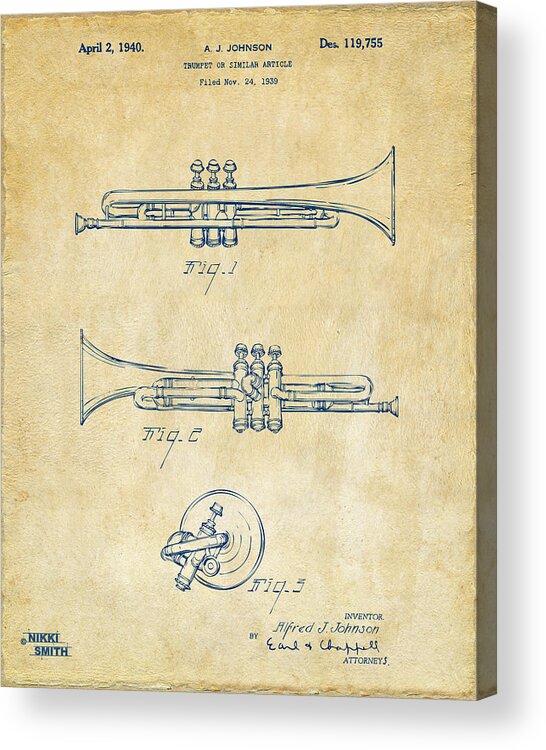 Trumpet Acrylic Print featuring the drawing 1940 Trumpet Patent Artwork - Vintage by Nikki Marie Smith