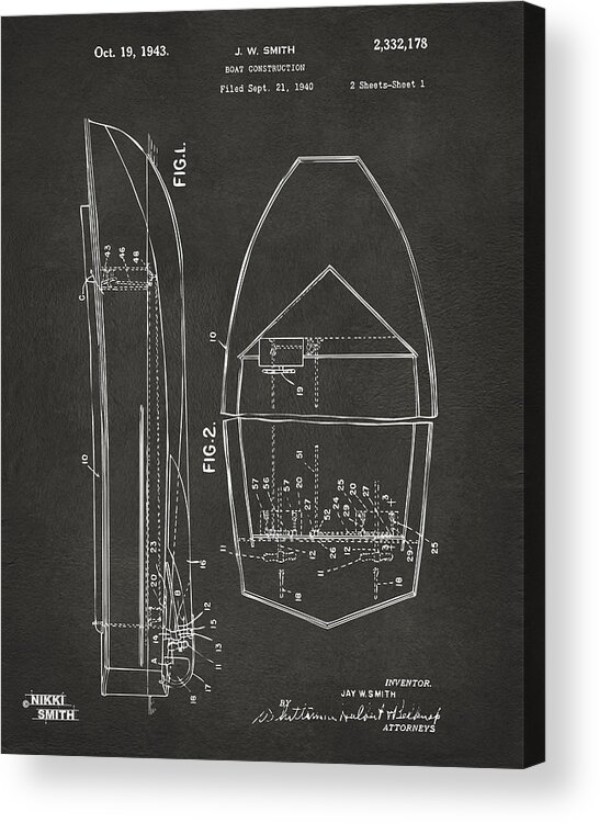 Chris Craft Acrylic Print featuring the digital art 1943 Chris Craft Boat Patent Artwork - Gray by Nikki Marie Smith