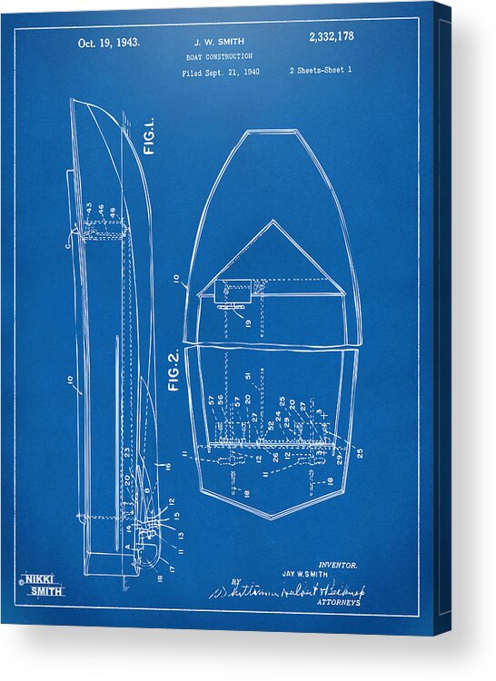 Chris Craft Acrylic Print featuring the digital art 1943 Chris Craft Boat Patent Blueprint by Nikki Marie Smith