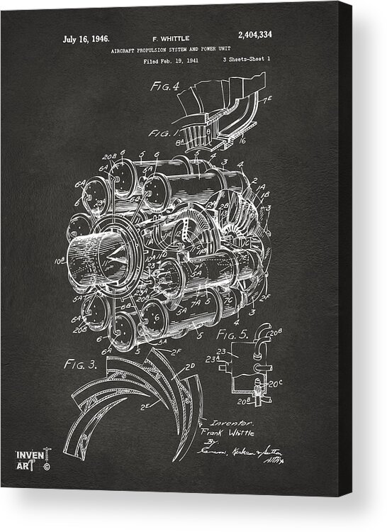 Jet Acrylic Print featuring the digital art 1946 Jet Aircraft Propulsion Patent Artwork - Gray by Nikki Marie Smith