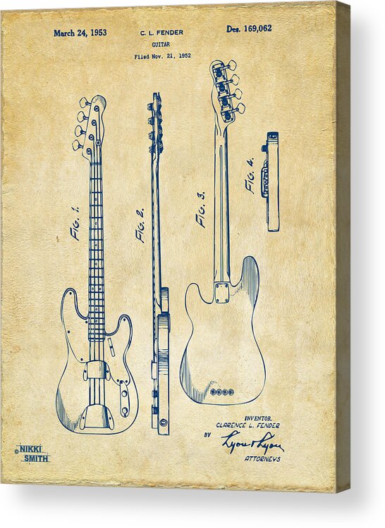 Fender Guitar Acrylic Print featuring the digital art 1953 Fender Bass Guitar Patent Artwork - Vintage by Nikki Marie Smith