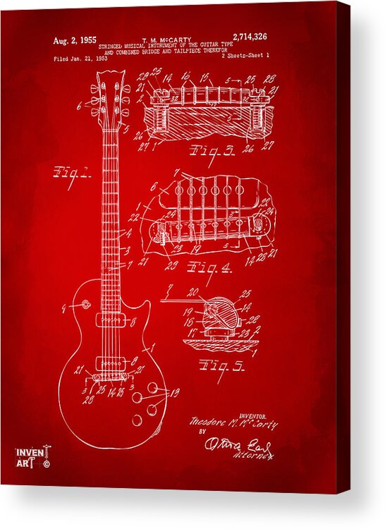 Guitar Acrylic Print featuring the digital art 1955 McCarty Gibson Les Paul Guitar Patent Artwork Red by Nikki Marie Smith