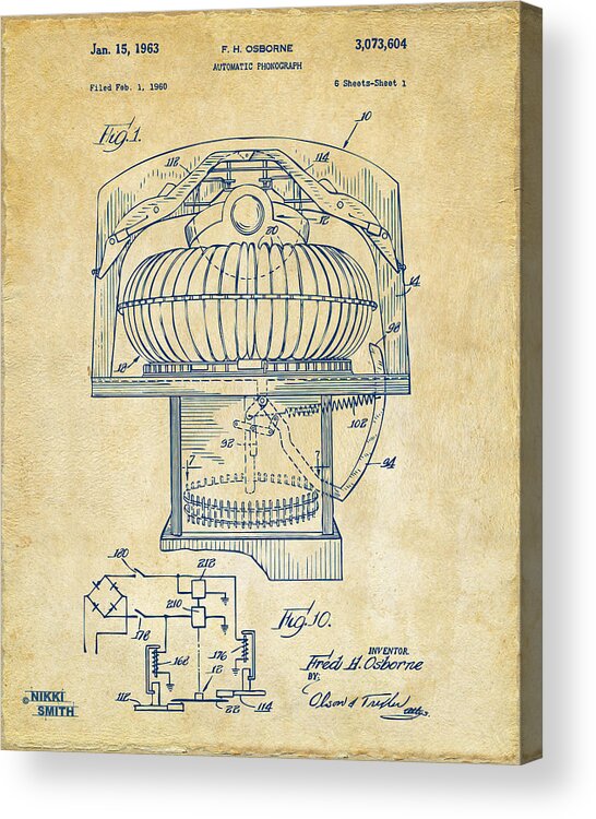 Jukebox Acrylic Print featuring the digital art 1963 Jukebox Patent Artwork - Vintage by Nikki Marie Smith