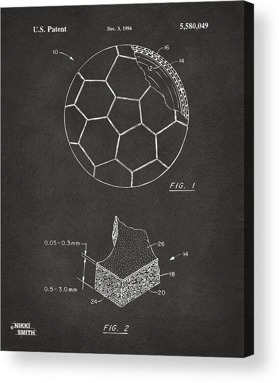 Soccer Acrylic Print featuring the digital art 1996 Soccerball Patent Artwork - Gray by Nikki Marie Smith