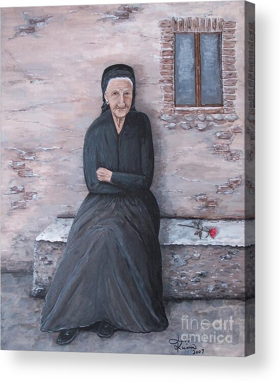 Old Lady Acrylic Print featuring the painting Old Woman Waiting by Judy Kirouac