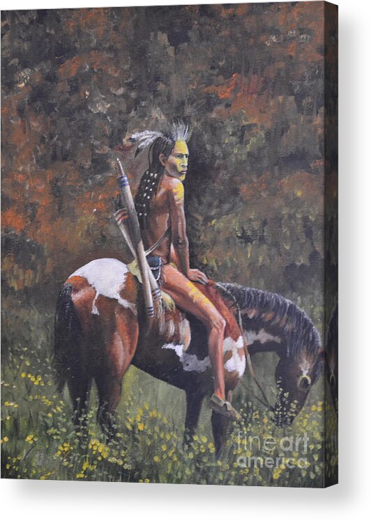 American Indian Sitting On A Painted Pony In The Woods Acrylic Print featuring the painting Painted Pony by Martin Schmidt