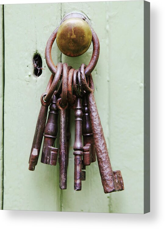 Hanging Acrylic Print featuring the photograph A Bunch Of Old, Chunky Keys On A Ring by Kathy Collins