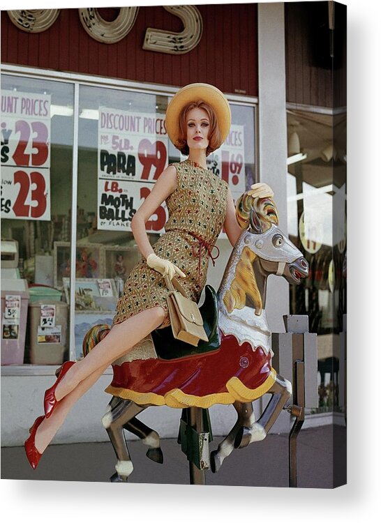 Full-length Acrylic Print featuring the photograph A Model Sitting On A Rocking Horse by George Barkentin