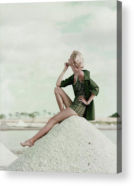 Exterior Acrylic Print featuring the photograph A Model Wearing A Swimsuit And Jacket by Leombruno-Bodi