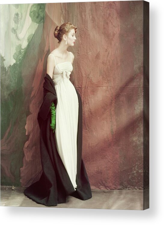 Accessories Acrylic Print featuring the photograph A Model Wearing A White Dress by John Rawlings