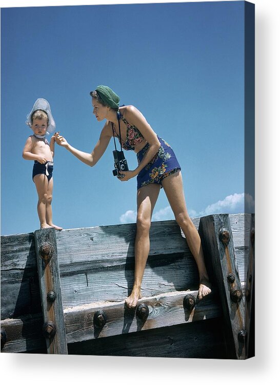 Children Acrylic Print featuring the photograph A Mother And Son On A Pier by Toni Frissell