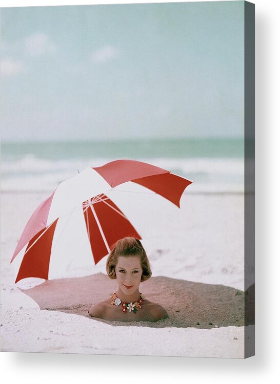 Beauty Acrylic Print featuring the photograph A Woman Buried In Sand At A Beach by Richard Rutledge