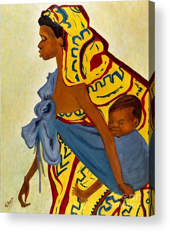 Africa Acrylic Print featuring the painting Mama Toto African Mother and Child by Sher Nasser