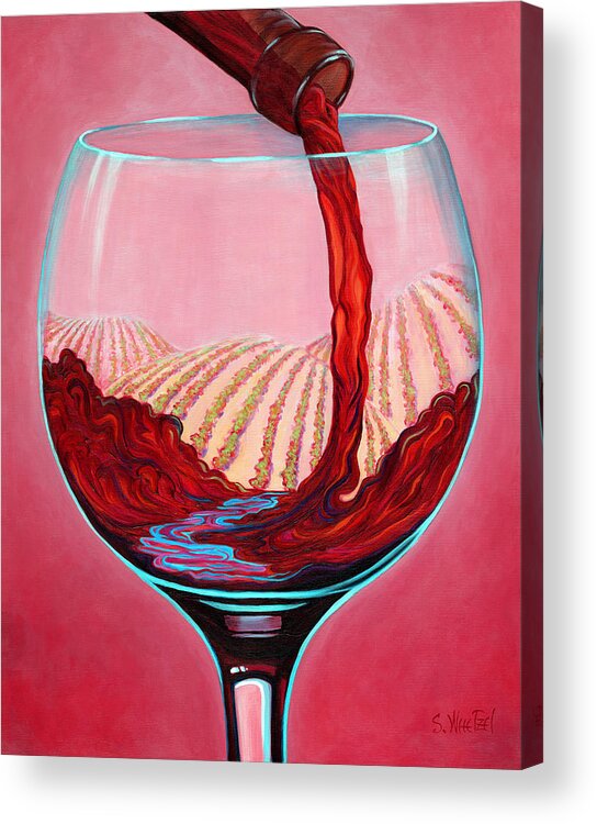 Red Wine Pour Acrylic Print featuring the painting ...and Let There Be Wine by Sandi Whetzel