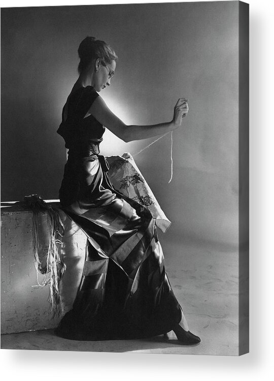 Accessories Acrylic Print featuring the photograph Andrea Johnson Wearing A Striped Dress by Cecil Beaton