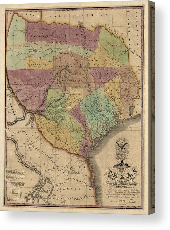 Texas Acrylic Print featuring the drawing Antique Map of Texas by Stephen F. Austin - 1837 by Blue Monocle