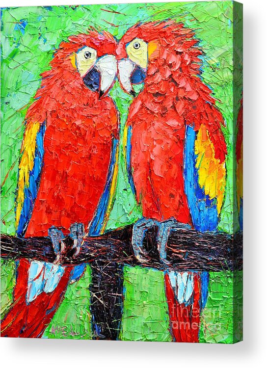 Parrots Acrylic Print featuring the painting Ara Love A Moment Of Tenderness Between Two Scarlet Macaw Parrots by Ana Maria Edulescu