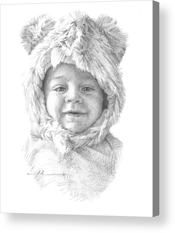 <a Href=http://miketheuer.com Target =_blank>www.miketheuer.com</a> Baby In Bear Hood Pencil Portrait Mike Theuer Acrylic Print featuring the painting Baby In Bear Hood Pencil Portrait by Mike Theuer