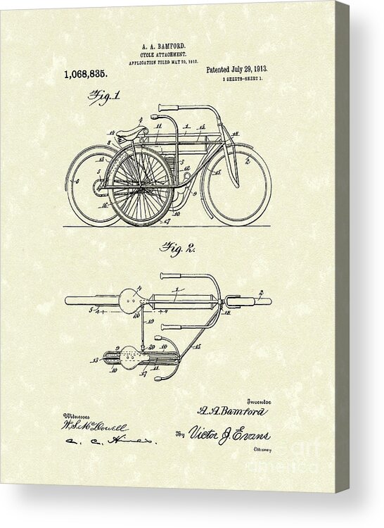 Bamford Acrylic Print featuring the drawing Bicycle Attachment 1913 Patent Art by Prior Art Design