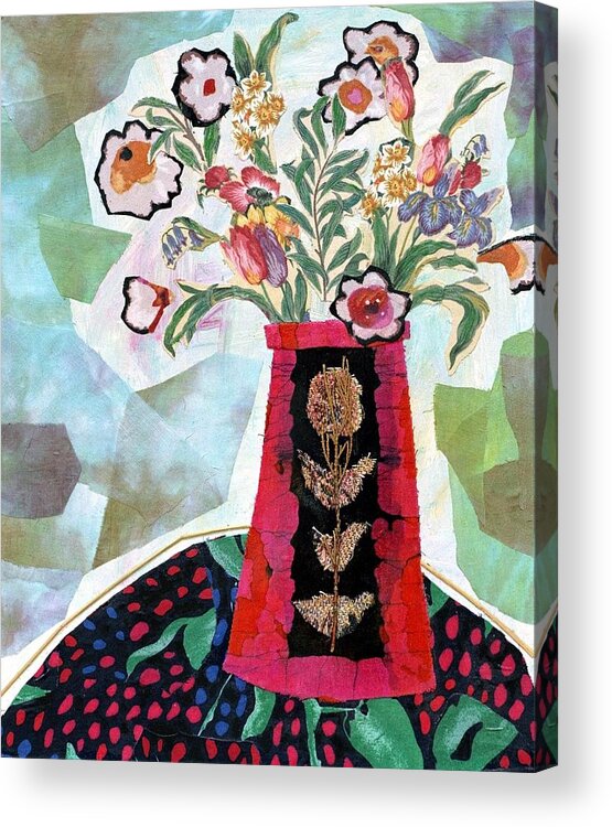 Flowers In A Vase Acrylic Print featuring the mixed media Bird Blossom Vase by Diane Fine