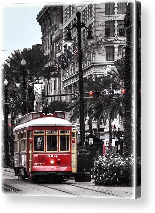 Bourbon Street Acrylic Print featuring the photograph Bourbon and Canal Trolley Cropped by Tammy Wetzel