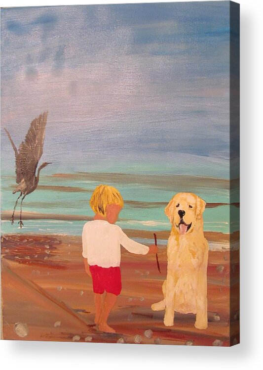 Dog Acrylic Print featuring the painting Boy and Dog by Susan Voidets