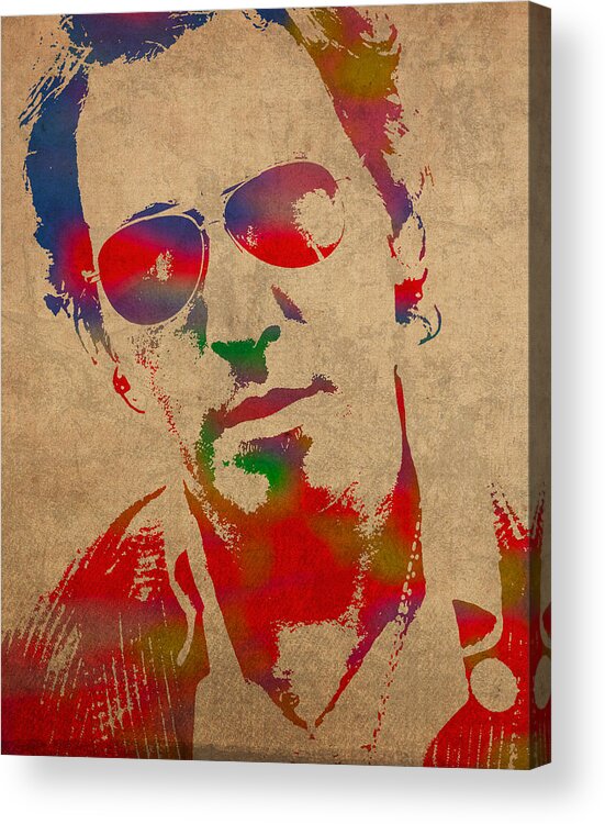 Bruce Springsteen Watercolor Portrait On Worn Distressed Canvas Acrylic Print featuring the mixed media Bruce Springsteen Watercolor Portrait on Worn Distressed Canvas by Design Turnpike