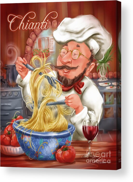 Waiter Acrylic Print featuring the mixed media Busy Chef with Chianti by Shari Warren